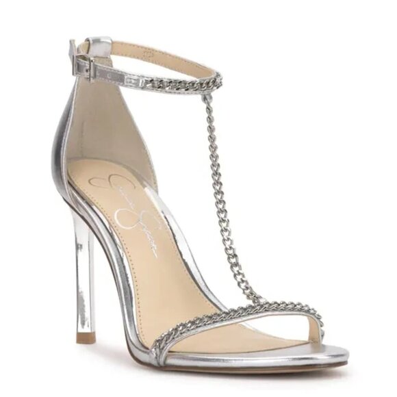 NEW Jessica Simpson Qiven Chain T-Strap Stiletto Heel Sandal in Silver Sz. 10 - Picture 1 of 7